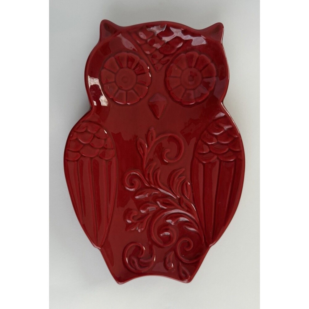 Owl Red Ceramic Spoon Rest Trinket Dish Decor Floral Scroll Glazed Garnet Fall